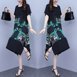 RM16554#夏季新款大码时尚高档印花拼接连衣裙胖MM短袖裙子