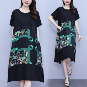 RM16554#夏季新款大码时尚高档印花拼接连衣裙胖MM短袖裙子