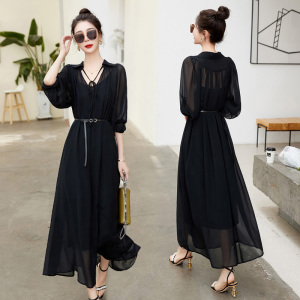 RM11824#雪纺连衣裙女两件套装2023夏季新款设计感气质收腰黑色裙子长裙潮
