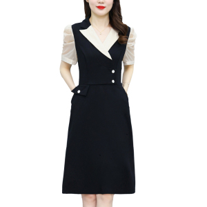 RM5910#时尚法式西装领连衣裙2023夏季新款减龄大码裙子