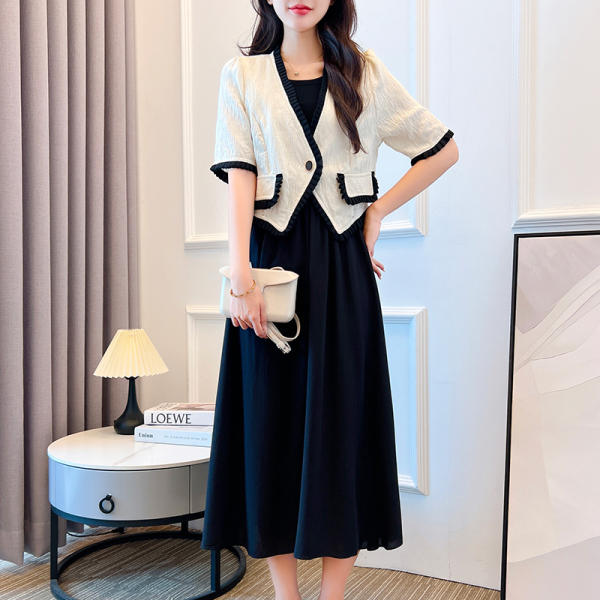 RM6117#新款夏大码女装名媛小香风黑白撞色显瘦外套连衣裙两件套