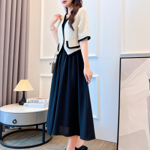RM6117#新款夏大码女装名媛小香风黑白撞色显瘦外套连衣裙两件套
