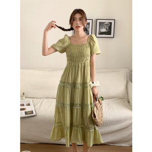 RM14652#夏季新款法式优雅方领纯色褶皱裙子蕾丝拼接短袖连衣裙