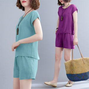 RM8484#夏季新款时尚棉绸套装女纯色短袖上衣+短裤两件套