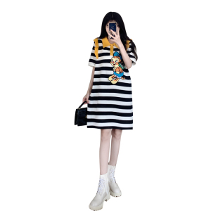 RM6128#大码女装韩版休闲条纹卡通图案连衣裙胖mm宽松百搭长裙