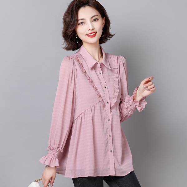 RM14503#夏季新款粉色polo领长袖衬衫女宽松洋气雪纺休闲上衣
