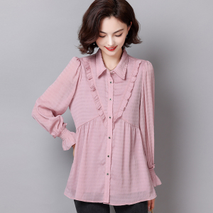 RM14503#夏季新款粉色polo领长袖衬衫女宽松洋气雪纺休闲上衣