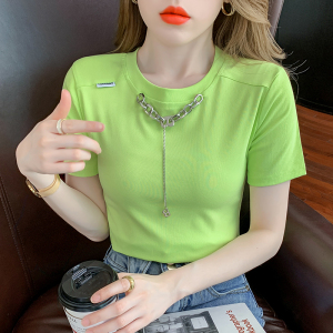 TR20339# 夏季短袖t恤女ins设计感链条绿色上衣高级感 服装批发女装服饰货源