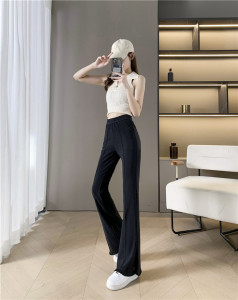 RM8140#春夏季新款微喇叭开叉裤修身黑色小个子显瘦高腰休闲韩版