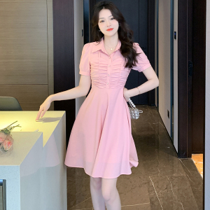 RM6674#小个子泡泡袖设计感褶皱粉色衬衣裙显瘦甜美连衣裙女