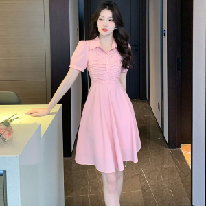 RM6674#小个子泡泡袖设计感褶皱粉色衬衣裙显瘦甜美连衣裙女