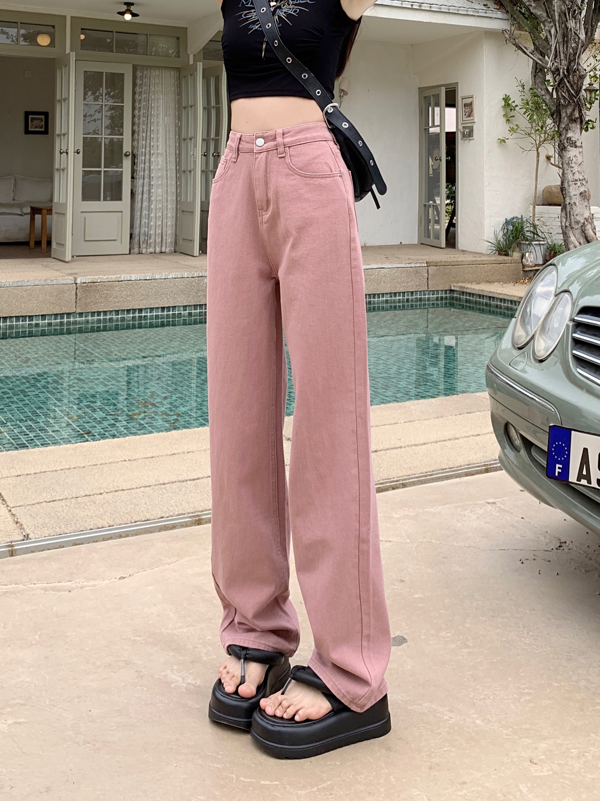 Actual shot of 2024 spring and summer new dirty pink wide-leg jeans for women, high-waisted, slim, loose, drapey, straight-leg floor-length pants