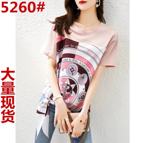 RM6013#夏季新品女式轻熟优雅大气雪纺印花拼接显瘦百搭T恤