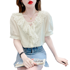 TR20935# 韩版时尚蕾丝花边系带短袖衬衫女夏季新款甜美小清新薄款上衣 服装批发女装服饰货源