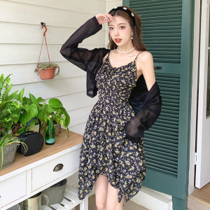 Black Fragmented Flower Dress Women's Irregular Tea Break Short Skirt Spicy Girl Waist Pulling Dress