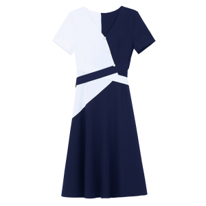 RM5984#大码女装拼接减龄时尚淑女超修身V领夏季套头连衣裙短袖
