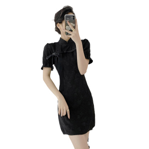 RM21328#小暗夜新中式改良旗袍黑色连衣裙女短袖玫瑰提花裙子