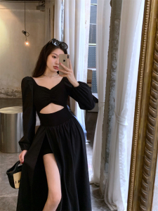 TR24439#   黑色方领开叉连衣裙法式小众设计长裙