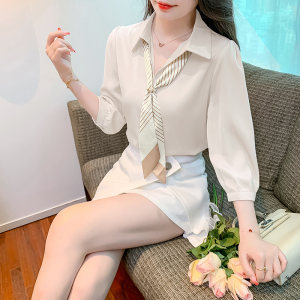 RM8851#蕾丝衫/雪纺衫简约韩版甜美淑女标准七分袖半开领