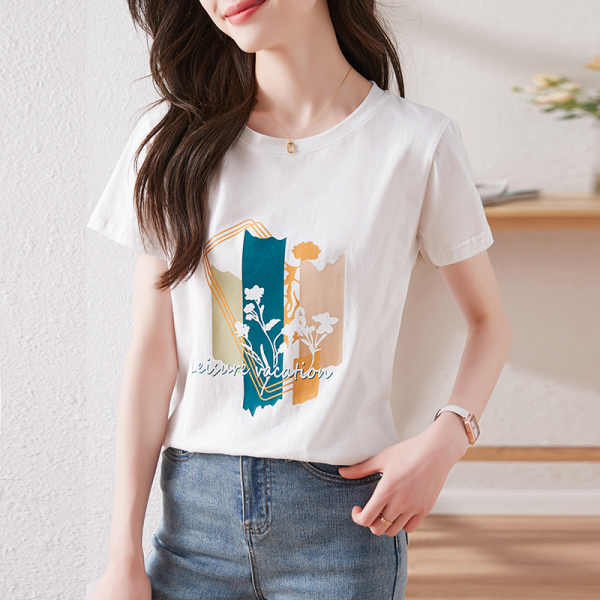 RM6017#白色t恤女短袖23春夏新款艺术感印花圆领体恤衫显瘦上衣