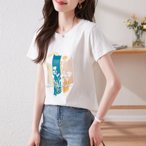 RM6017#白色t恤女短袖23春夏新款艺术感印花圆领体恤衫显瘦上衣