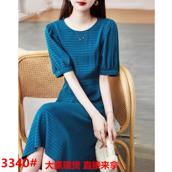 RM14038#夏季新款短袖圆领蓝色连衣裙后拉链休闲小格纹裙子女