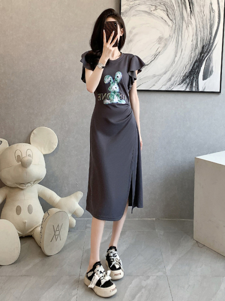 RM7988#高级感法式飞飞袖连衣裙女夏季显瘦气质小众设计感长款开叉T恤裙