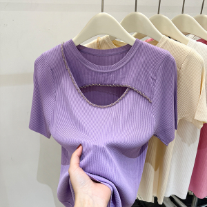 RM6337#夏季法式镂空针织衫女短袖设计感独特别致修身上衣打底衫
