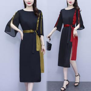 RM5978#大码女装赫本气质简约风修身显瘦中长款拼接雪纺连衣裙夏季
