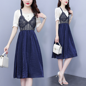 RM7356#大码女装胖MM显瘦2023夏装拼接蕾丝夏季气质短袖连衣裙
