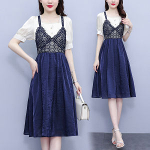 RM7356#大码女装胖MM显瘦2023夏装拼接蕾丝夏季气质短袖连衣裙