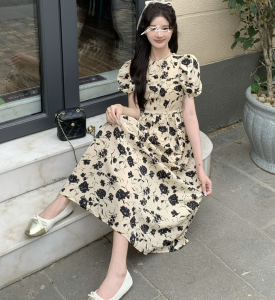 RM17557#夏装泡泡袖连衣裙赫本风法式高级感设计感小众长裙M-4XL200斤