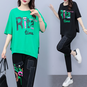 RM5999#大码女装2023夏季新款宽松舒适短袖套装遮肉显瘦两件套女