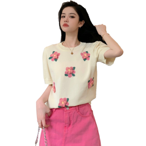 RM13874#大码女装2023夏季新款设计感泡泡袖减龄洋气小花短袖T恤上衣
