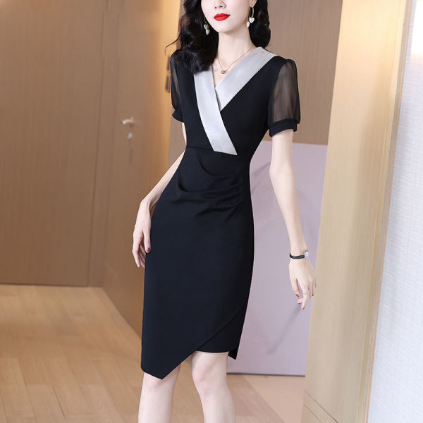 RM6894#夏季新款连衣裙V领不规则裙收腰显瘦气质韩版黑色包臀X型中裙