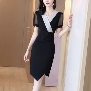 RM6894#夏季新款连衣裙V领不规则裙收腰显瘦气质韩版黑色包臀X型中裙