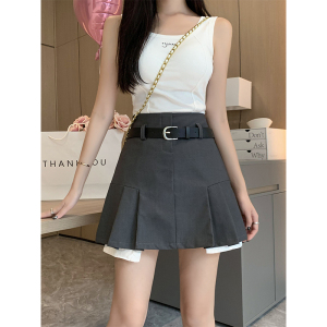 RM9976#夏季新款辣妹风设计感百褶裙高腰显瘦A字裙灰色半身裙