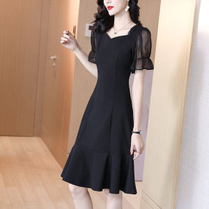 RM7424#赫本风连衣裙夏2023新款法式收腰显瘦气质高端修身喇叭袖小黑裙子