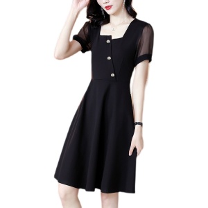 RM6895#赫本风雪纺拼接黑色连衣裙女2023夏季新款修身显瘦方领A字小黑裙