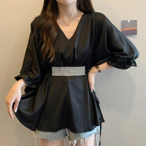 RM5865#夏季新款大码女装时尚V领收腰上衣减龄显瘦洋气衬衣
