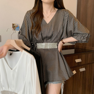 RM5865#夏季新款大码女装时尚V领收腰上衣减龄显瘦洋气衬衣