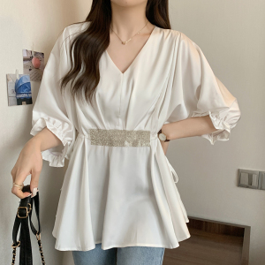 RM5865#夏季新款大码女装时尚V领收腰上衣减龄显瘦洋气衬衣