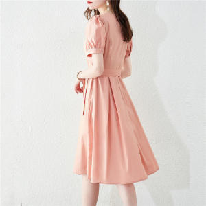 RM6901#夏季新款时尚气质系带灯笼袖仙女裙V领束腰中长款修身连衣裙