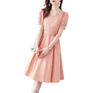 RM6901#夏季新款时尚气质系带灯笼袖仙女裙V领束腰中长款修身连衣裙