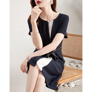 RM6903#夏季新品女款圆领撞色拼接短袖系带显瘦女式中长款连衣裙女