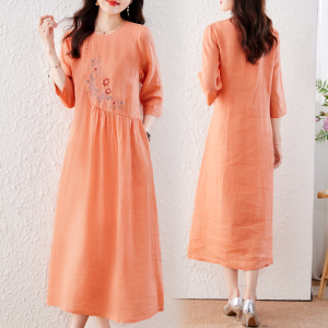RM11993#女装2023年夏季新款文艺风宽松刺绣亚麻连衣裙