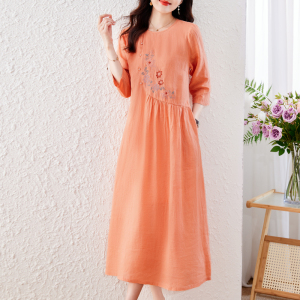 RM11993#女装2023年夏季新款文艺风宽松刺绣亚麻连衣裙