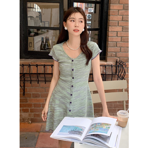 RM14653#夏季新款法式浪漫V领针织裙子短袖连衣裙女