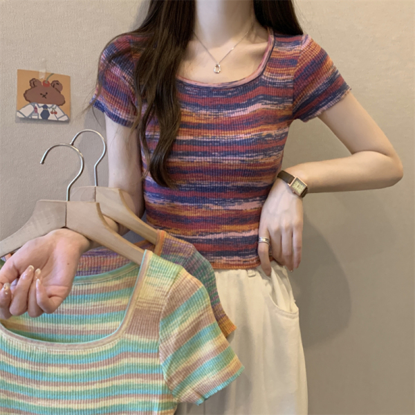 RM6538#大码女装弹力柔软舒适撞色彩虹条方领短款针织衫短袖T恤上衣