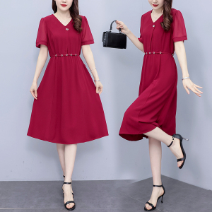 RM8743#大码女装2023夏季新款时尚洋气V领中长款收腰显瘦纯色连衣裙